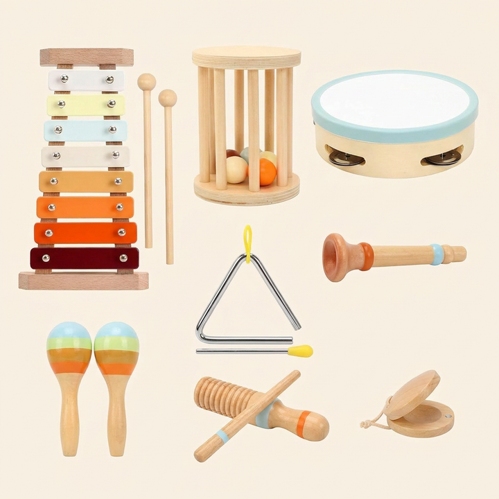 Wooden Montessori music band set - xylophone, drum, tambourine, triangle, trumpet, maracas, guiro and castanet