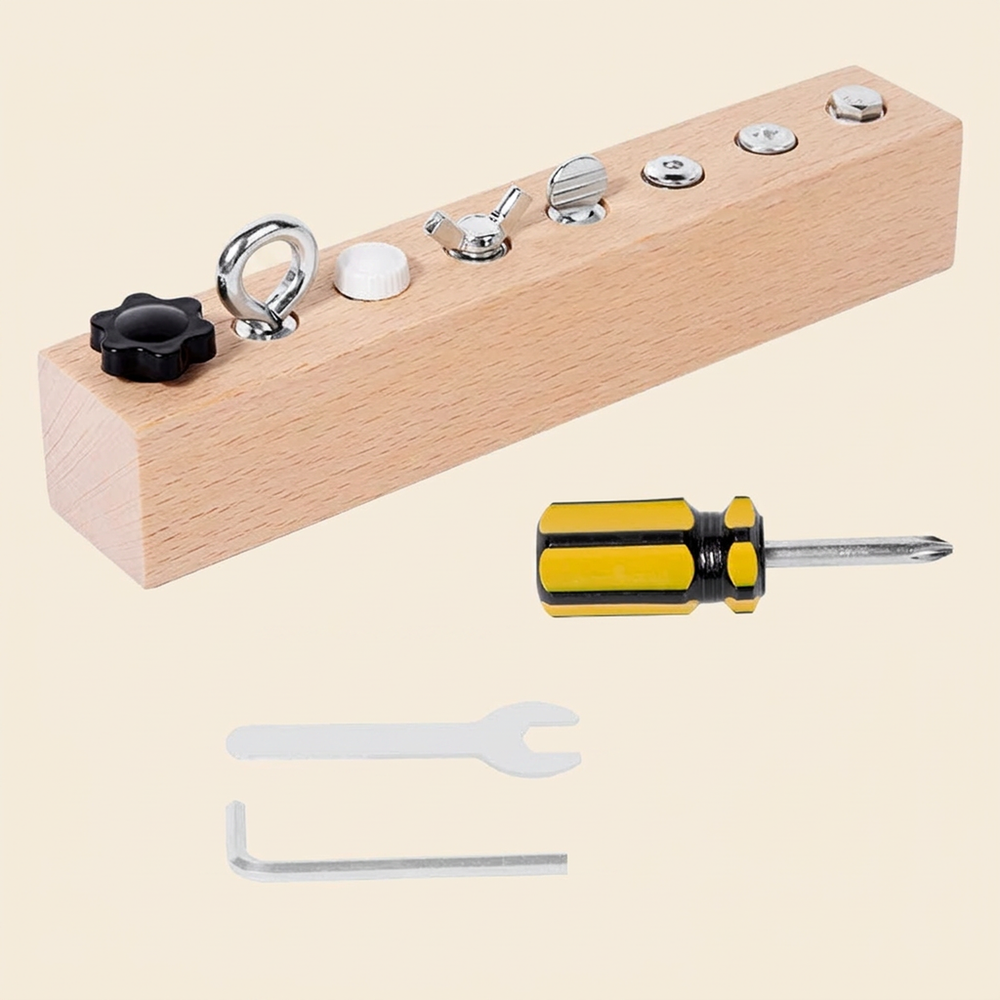 Large size - the 20 cm beechwood bolt board on warm cream - beechwood block with eight metal fasteners, screwdriver, wrench and hex key