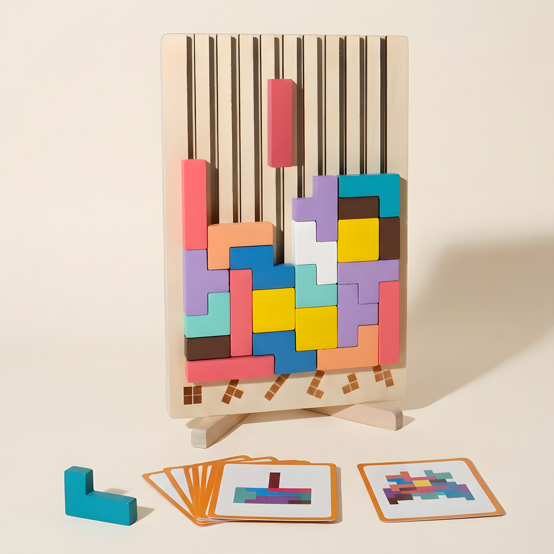 Block Drop wooden puzzle board on its 2 wooden feet with picture pattern cards and a loose block