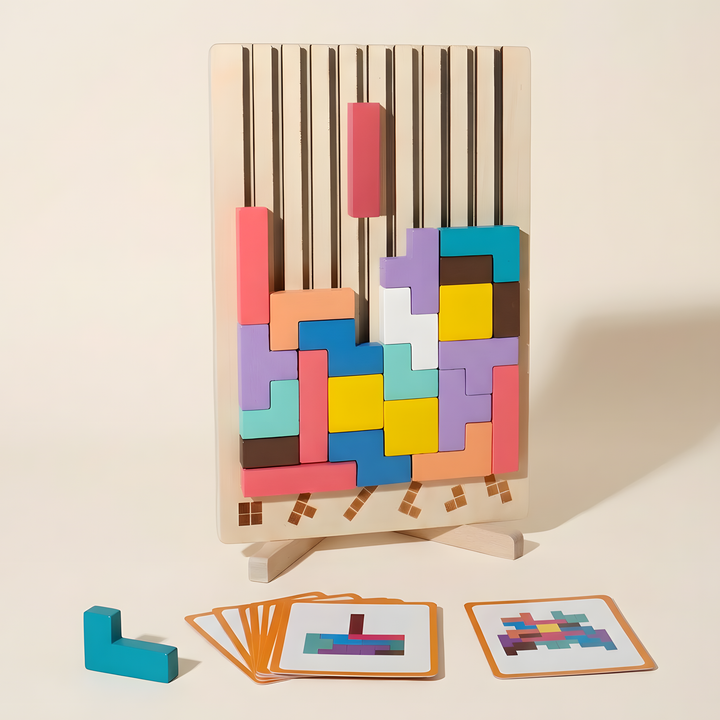 Block Drop wooden puzzle board on its 2 wooden feet with picture pattern cards and a loose block