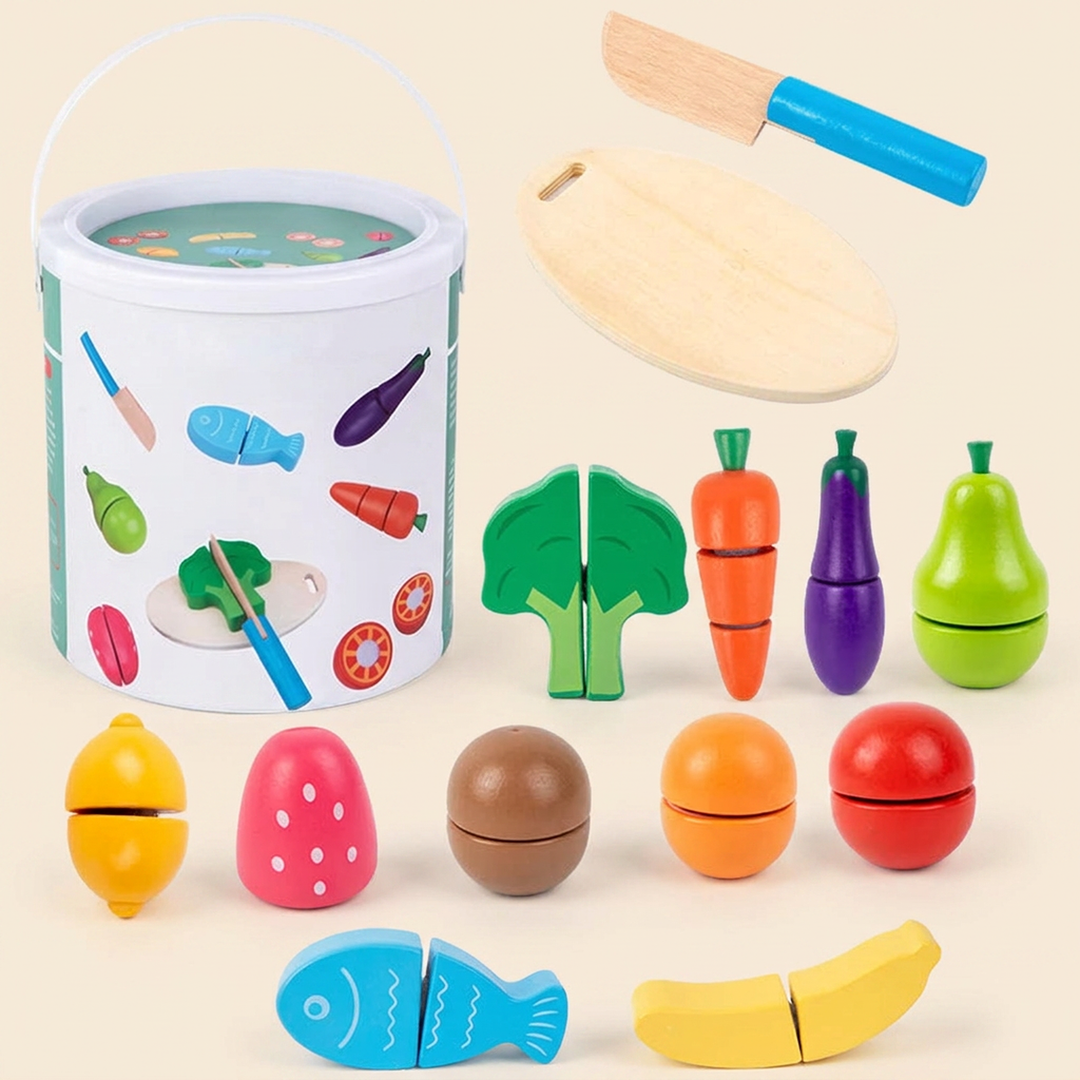 Wooden cutting fruit and vegetable set on warm cream - about 12 colorful foods, a wooden knife, half-round board and storage canister