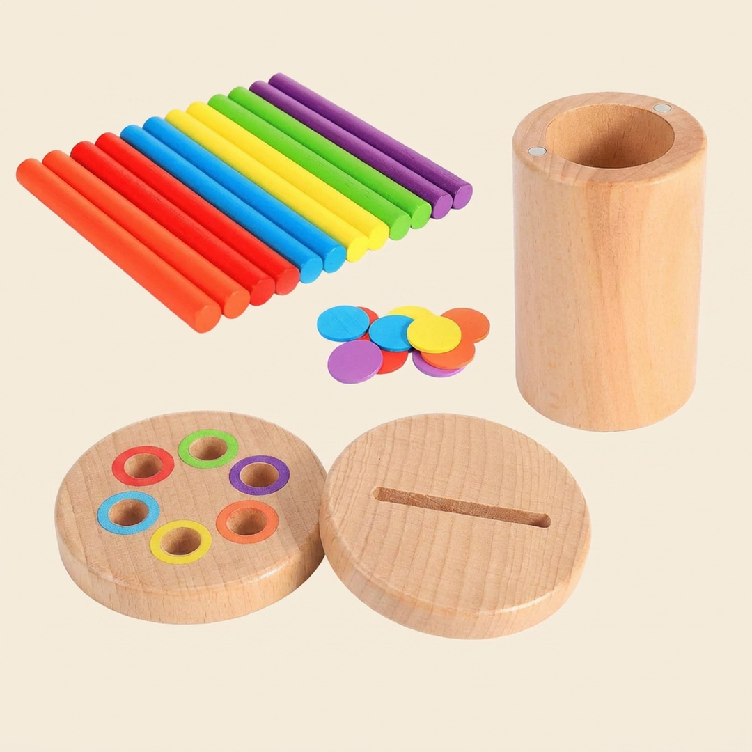 Wooden 3-in-1 color sort cup on warm cream - beechwood cup, three magnetic lids, rainbow sticks and coins