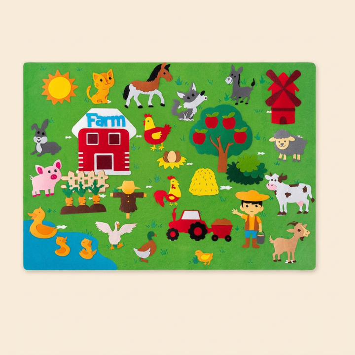 Green felt farm story board on warm cream with detachable felt barn, animals, tractor and farmer