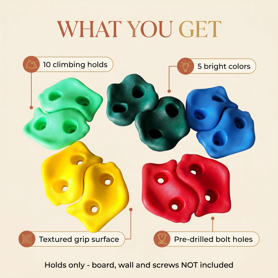 What you get: 10 climbing holds in 5 colors with pre-drilled bolt holes
