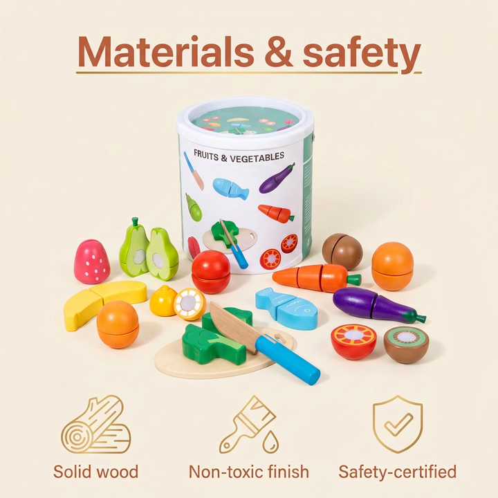 Materials and safety - solid wood, water-based non-toxic finish, safety-certified