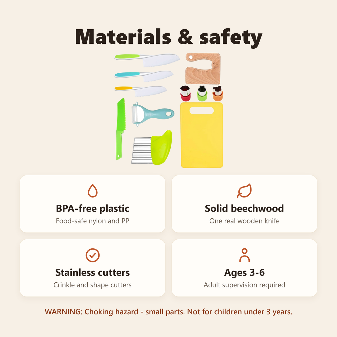 Materials and safety - BPA-free plastic, solid beechwood knife, stainless cutters, ages 3-6 with adult supervision