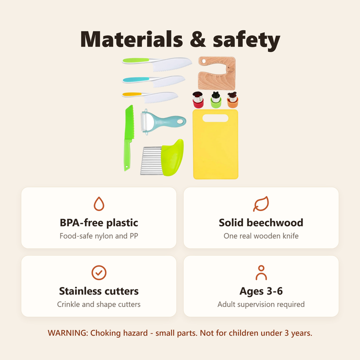 Materials and safety - BPA-free plastic, solid beechwood knife, stainless cutters, ages 3-6 with adult supervision