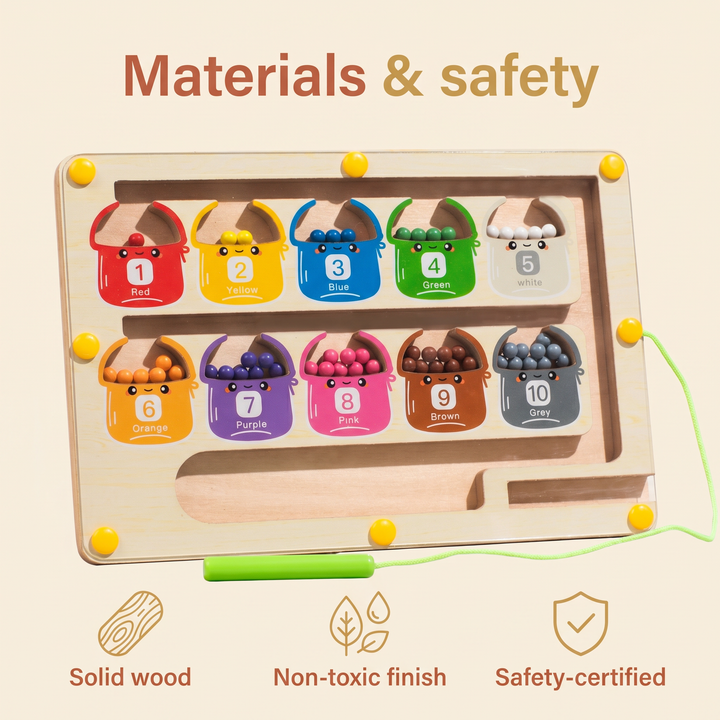 Materials and safety - solid wood, water-based non-toxic finish, safety-certified