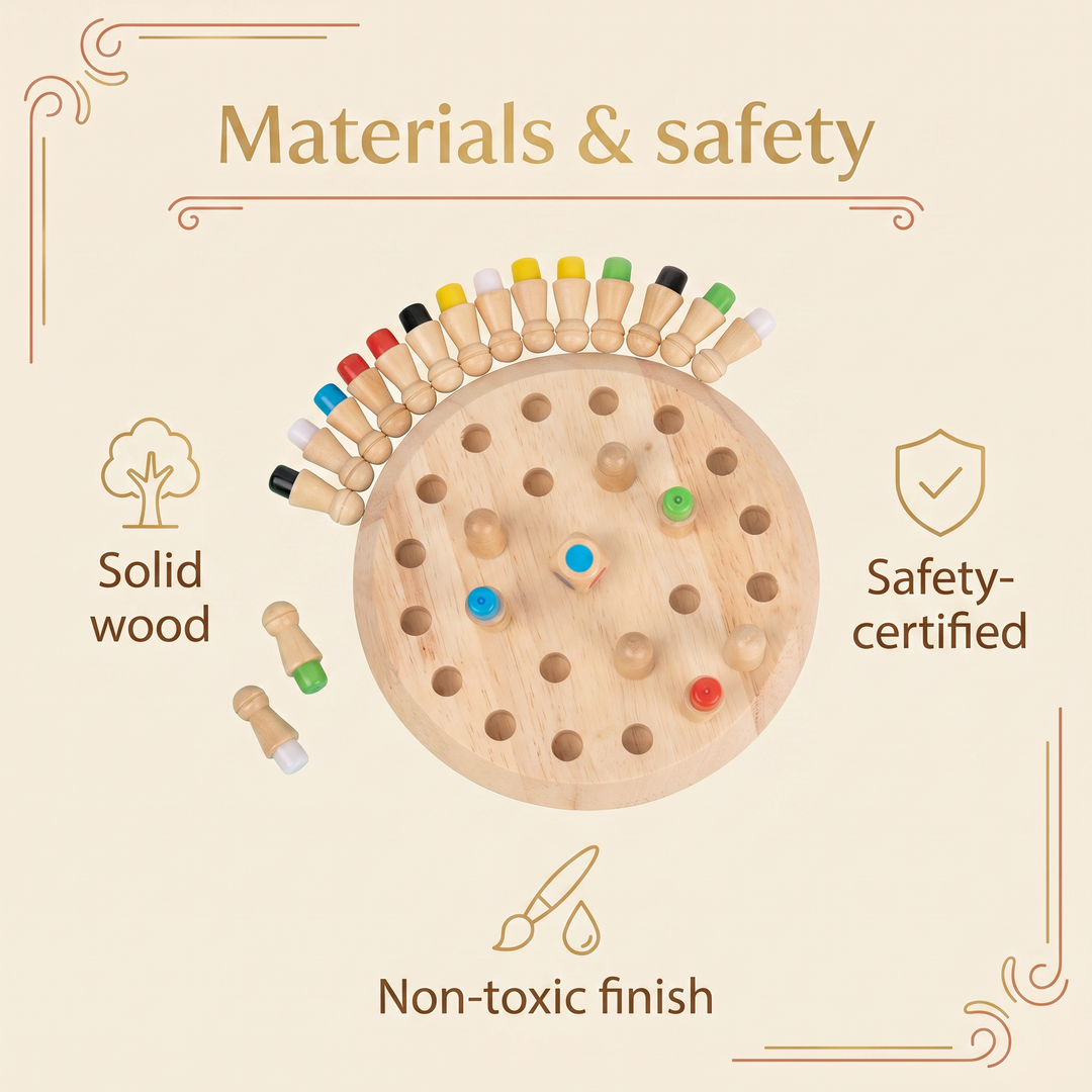 Materials and safety - solid wood, water-based non-toxic finish, safety-certified