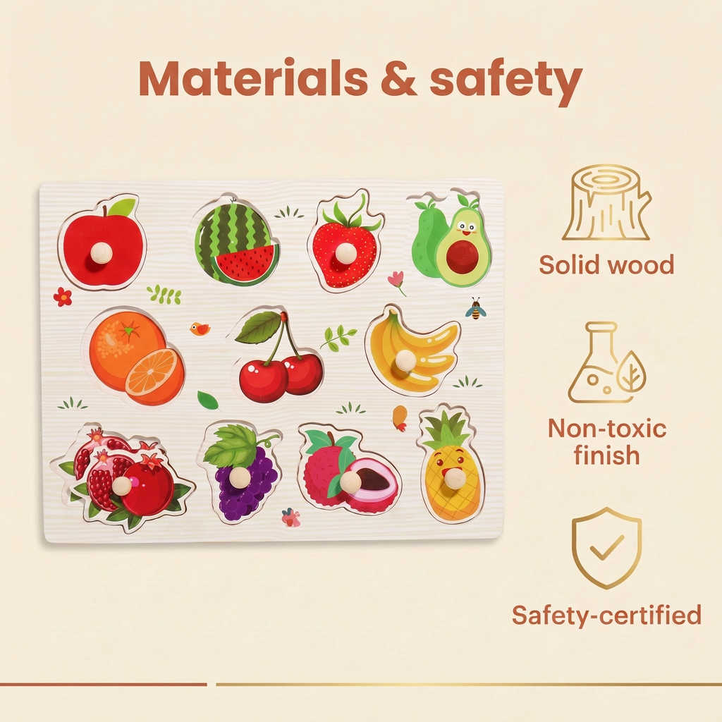 Materials and safety - solid wood, non-toxic finish, safety-certified