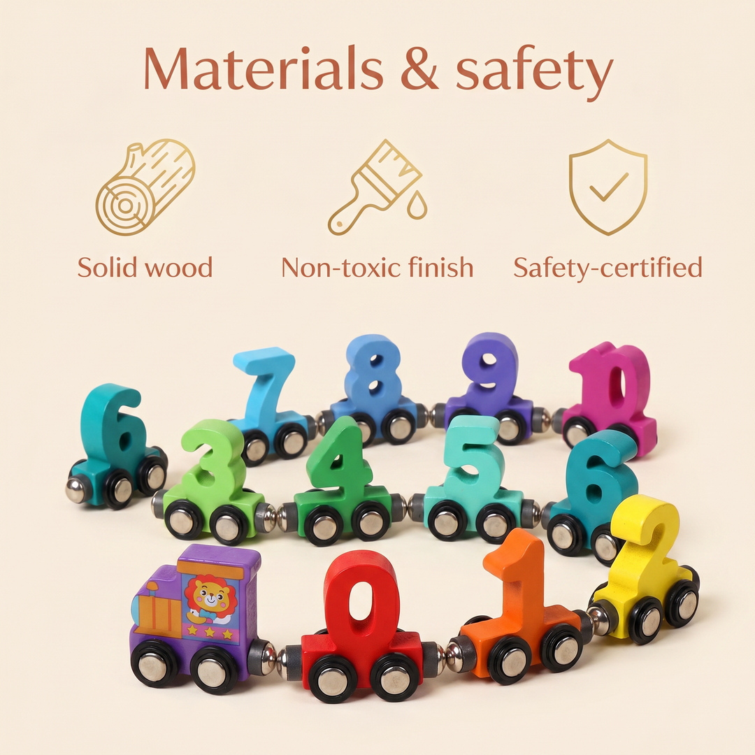 Materials and safety - solid wood, water-based non-toxic finish, safety-certified