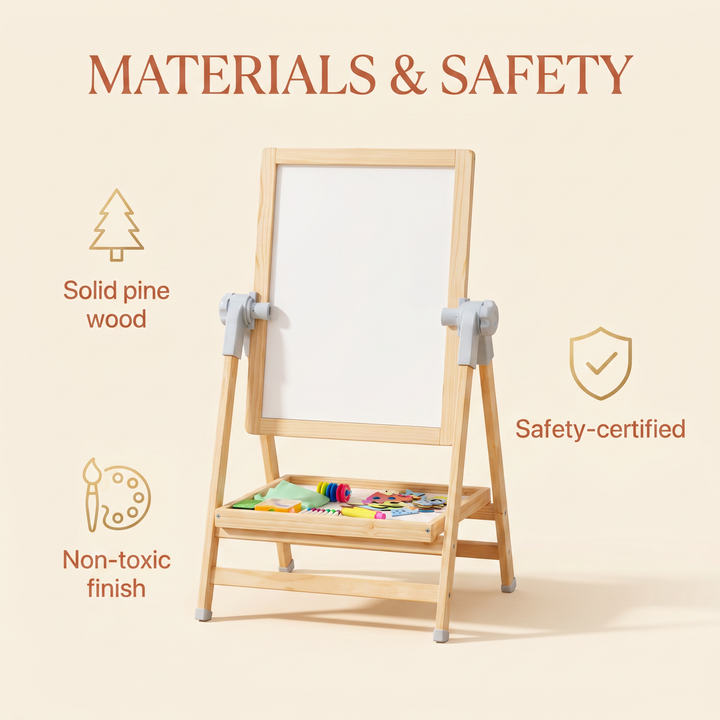 Materials and safety - solid pine wood, water-based non-toxic finish, safety-certified