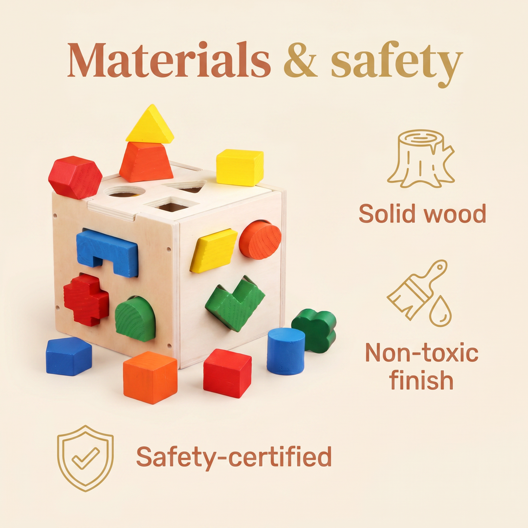 Materials and safety - solid wood, water-based non-toxic finish, safety-certified