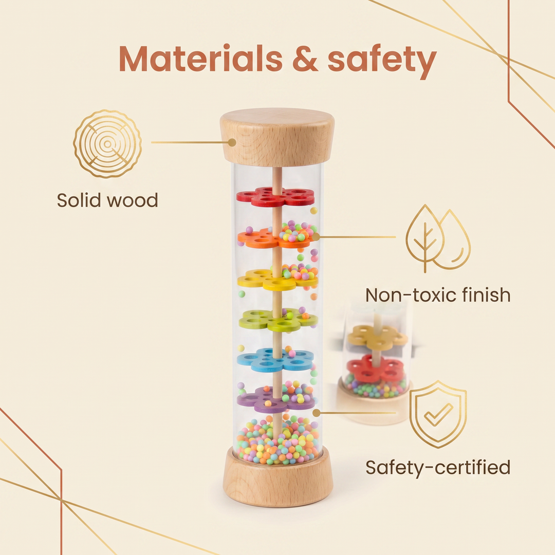 Materials and safety - solid wood, non-toxic finish, safety-certified