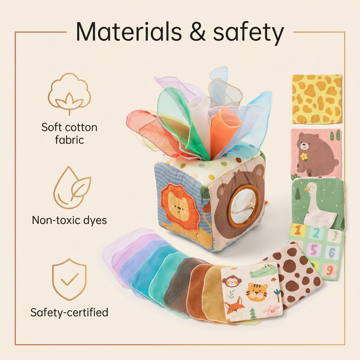 Materials and safety - soft cotton fabric, non-toxic dyes, safety-certified