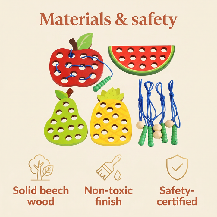 Materials and safety - solid beech wood, non-toxic finish, safety-certified