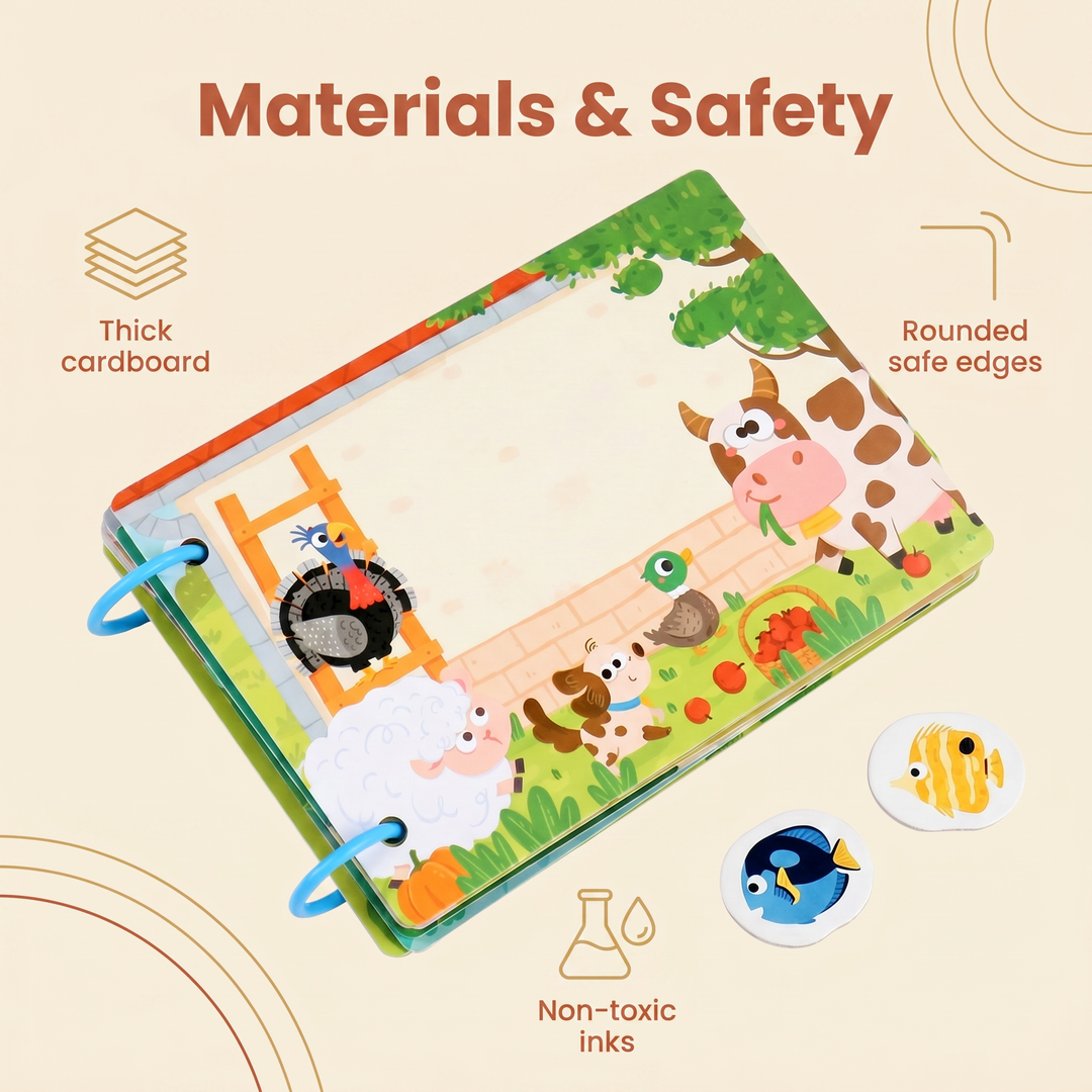 Materials and safety - thick cardboard, non-toxic inks, rounded safe edges