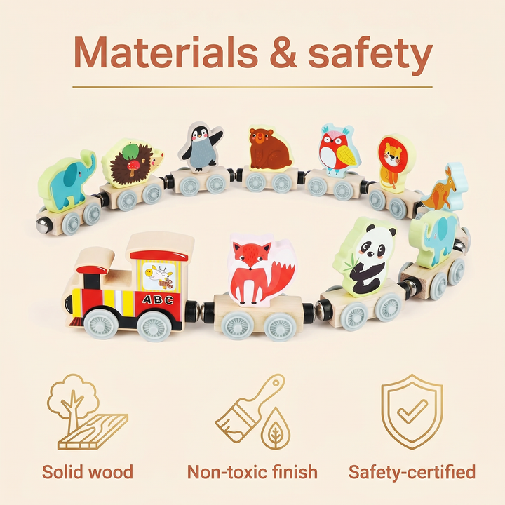 Materials and safety - solid wood, non-toxic finish, safety-certified