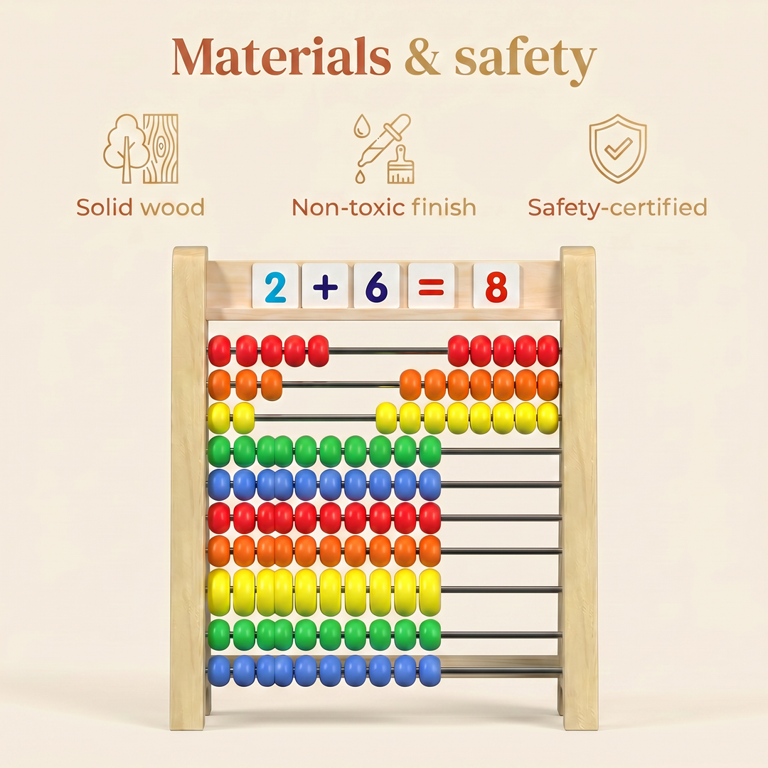 Materials and safety - solid wood, water-based non-toxic finish, safety-certified