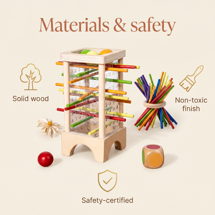 Materials and safety - solid wood, water-based non-toxic finish, safety-certified