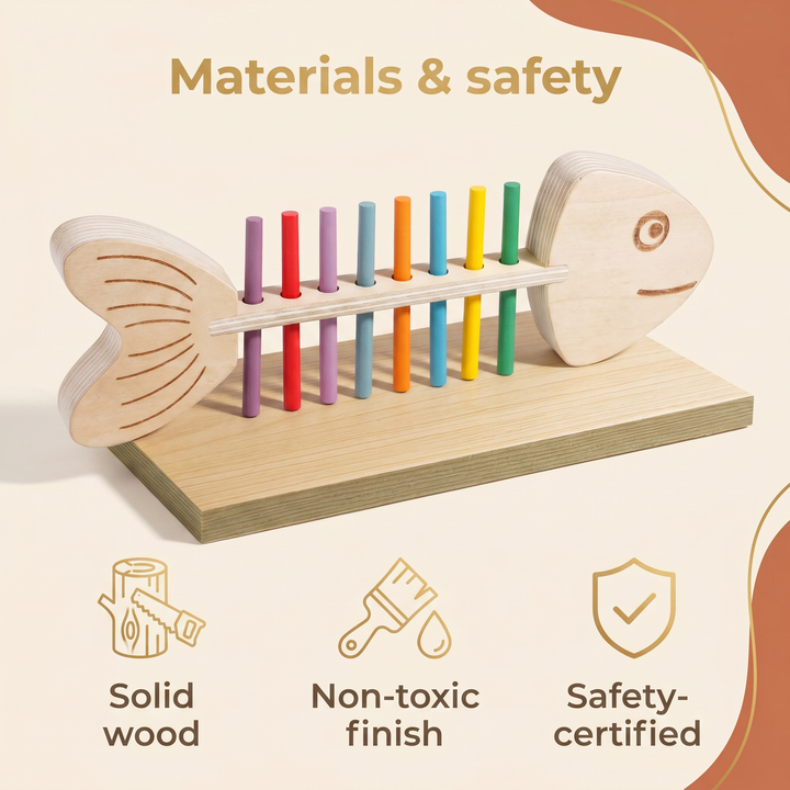 Materials and safety - solid wood, water-based non-toxic finish, safety-certified