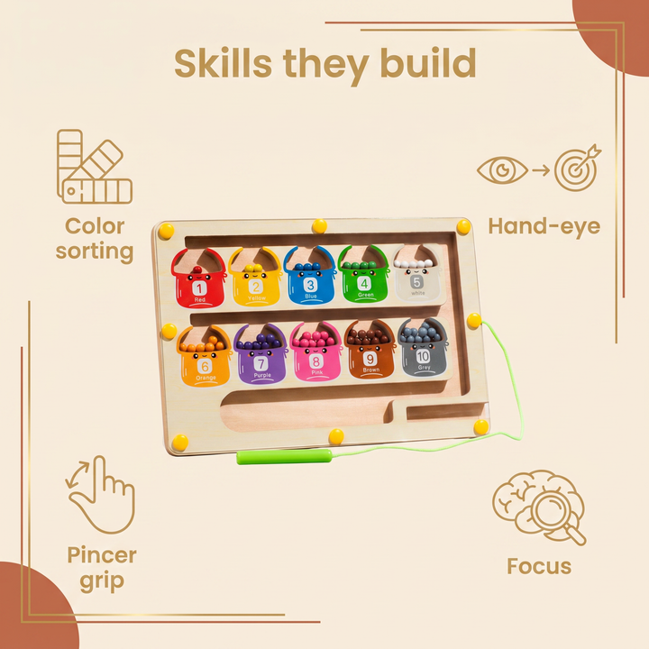 Skills they build - color sorting, counting 1-10, pincer grip, focus