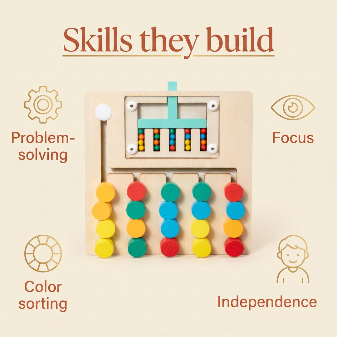 Skills they build - problem-solving, focus, color sorting, independence