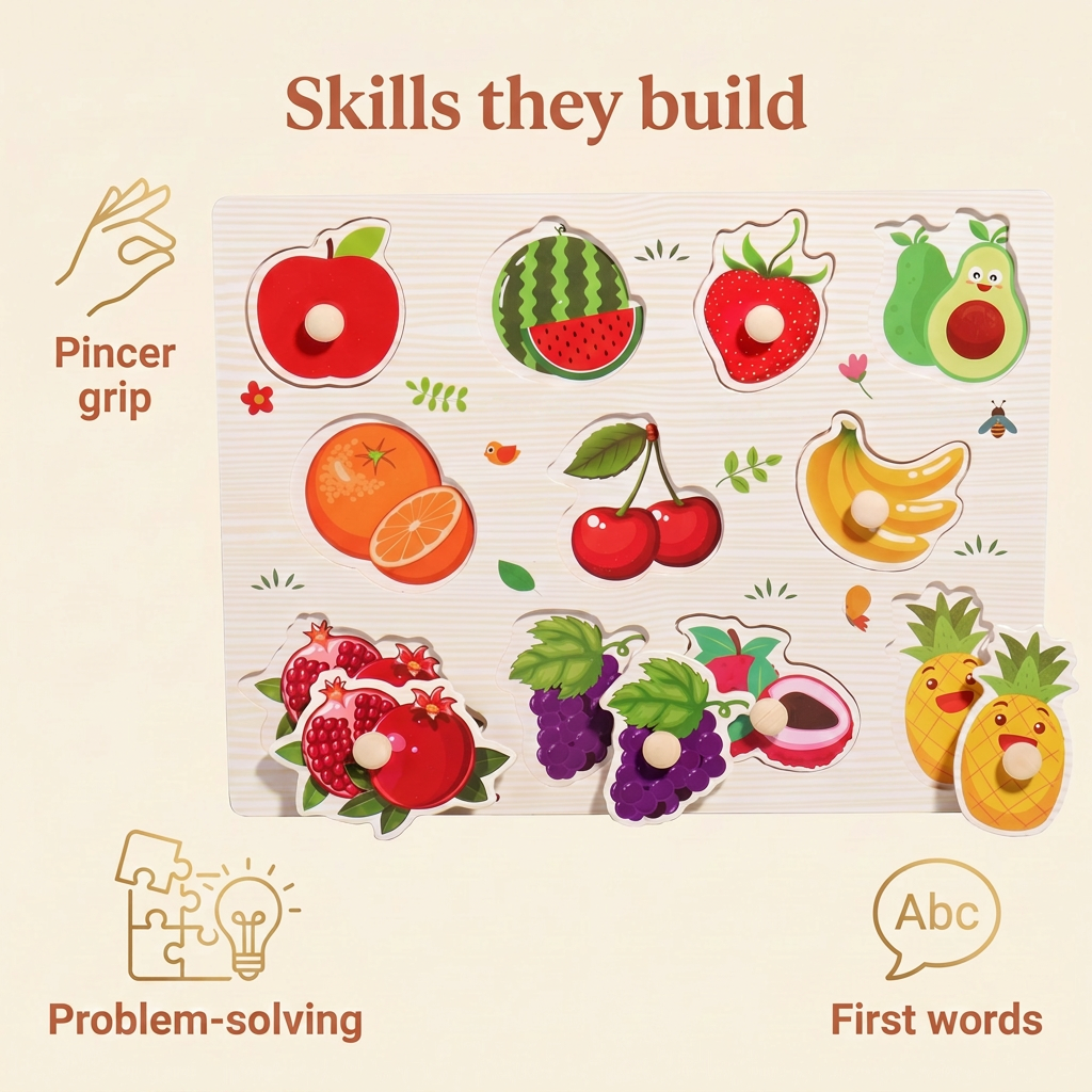Skills they build - pincer grip, hand-eye coordination, problem-solving, first words
