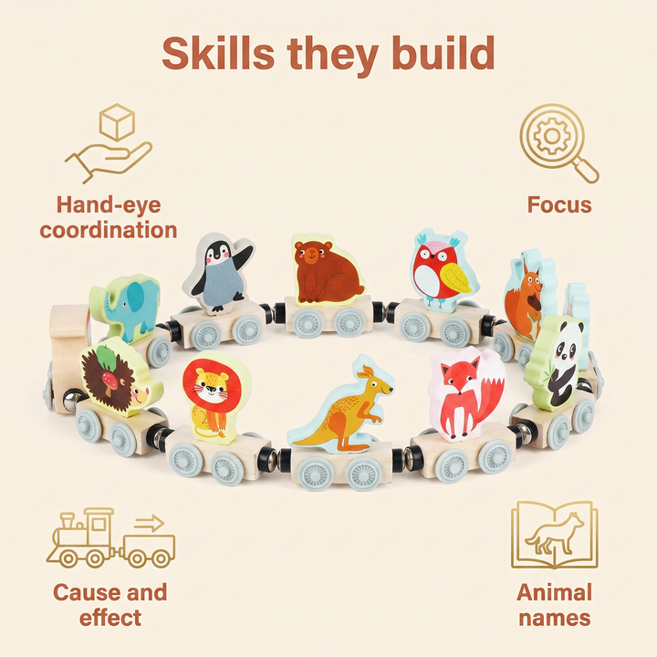 Skills they build - hand-eye coordination, focus, cause and effect, animal names