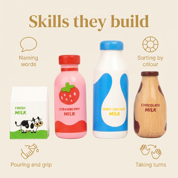 Skills they build - naming words, sorting by colour, pouring and grip, taking turns