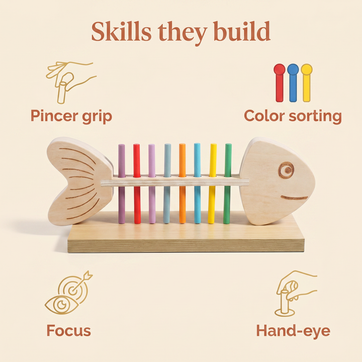 Skills they build - pincer grip, color sorting, focus, hand-eye coordination