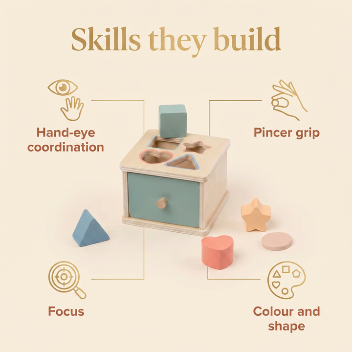 Skills they build - hand-eye coordination, pincer grip, focus, colour and shape