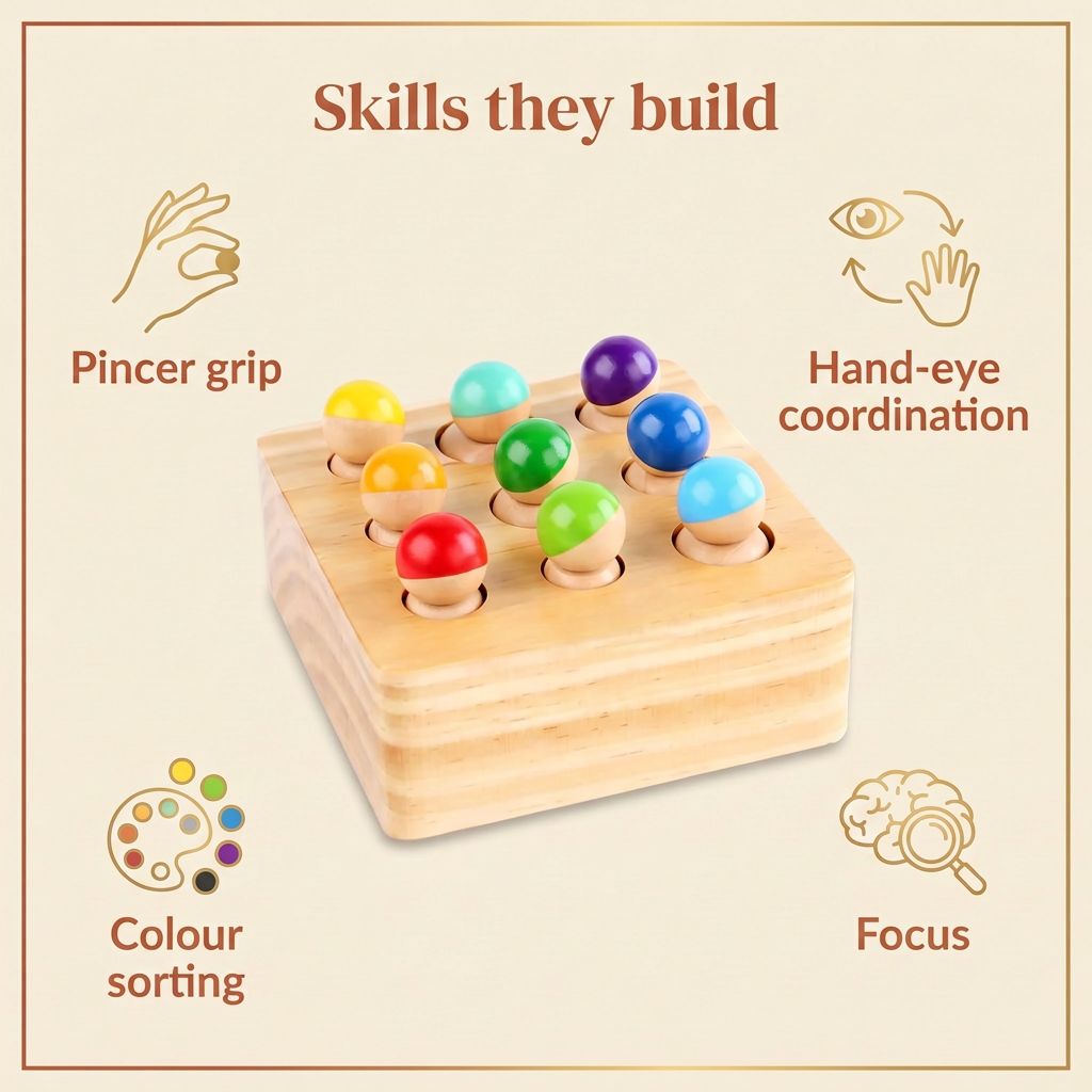 Skills they build - pincer grip, hand-eye coordination, colour sorting, focus