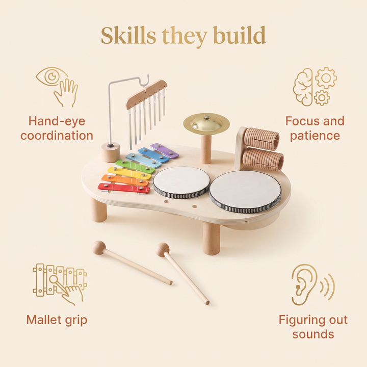 Skills they build - hand-eye coordination, mallet grip, focus and patience, figuring out sounds