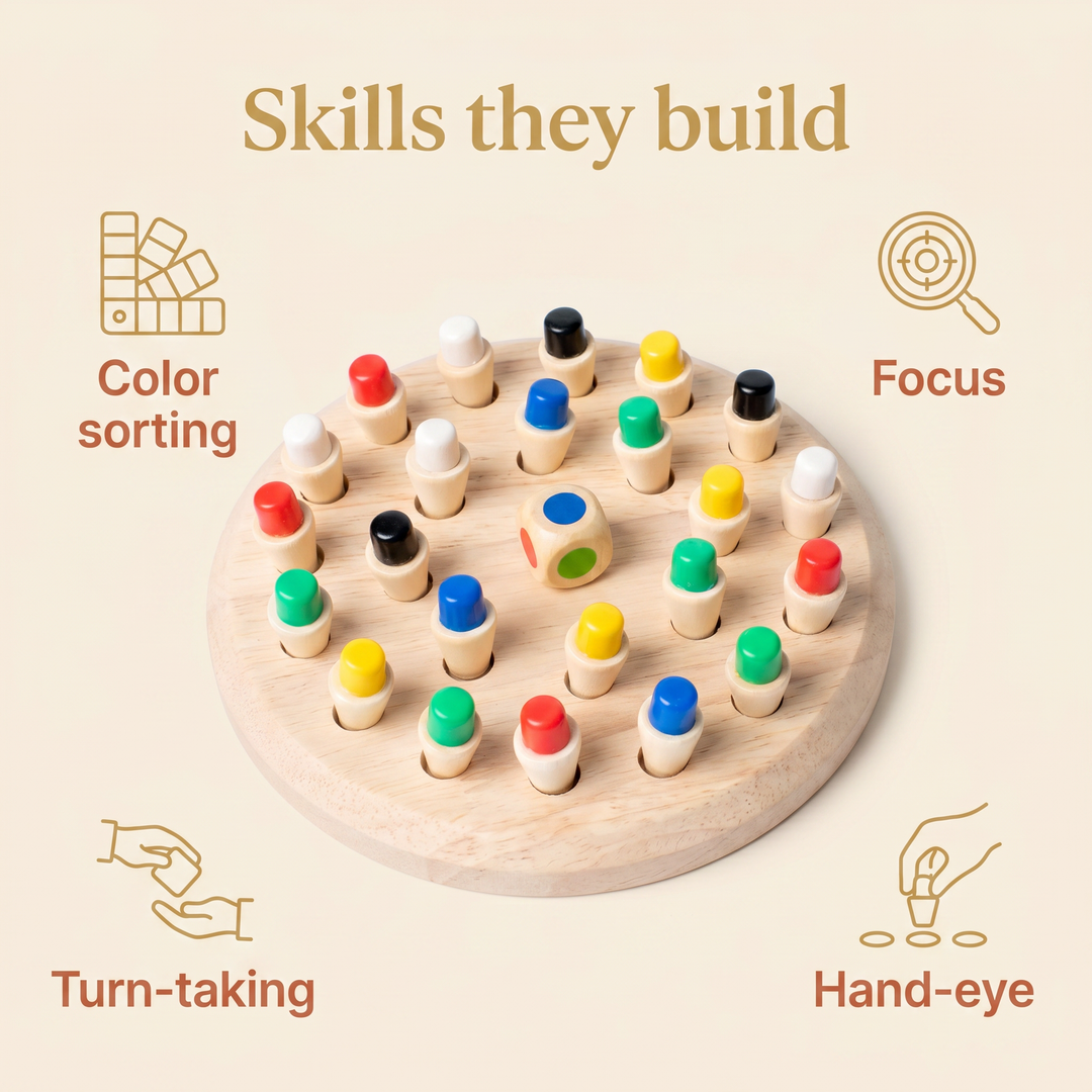 Skills they build - memory, color sorting, concentration, turn-taking