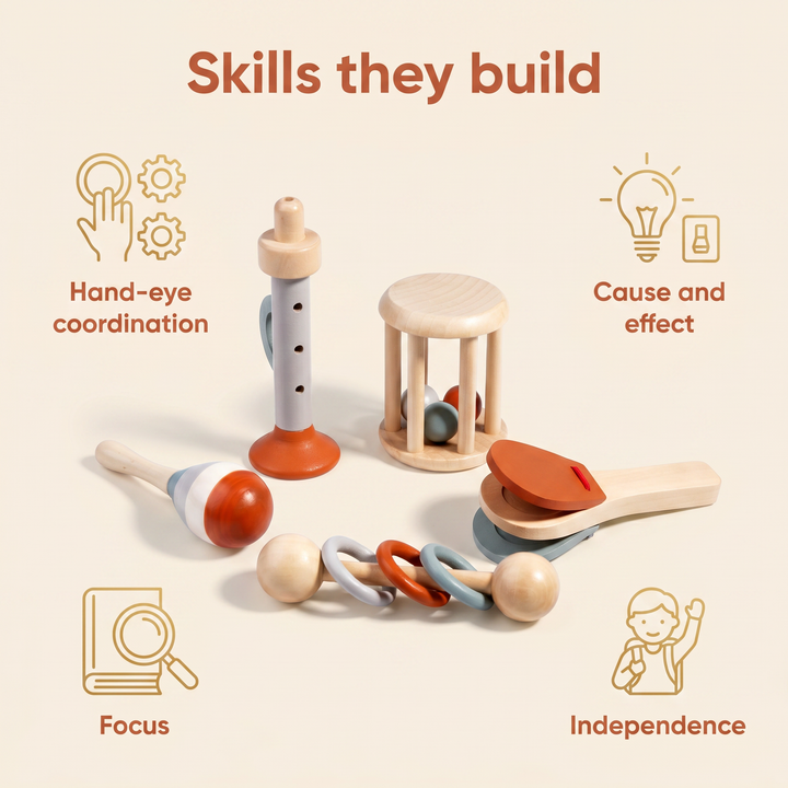 Skills they build - hand-eye coordination, cause and effect, focus, independence