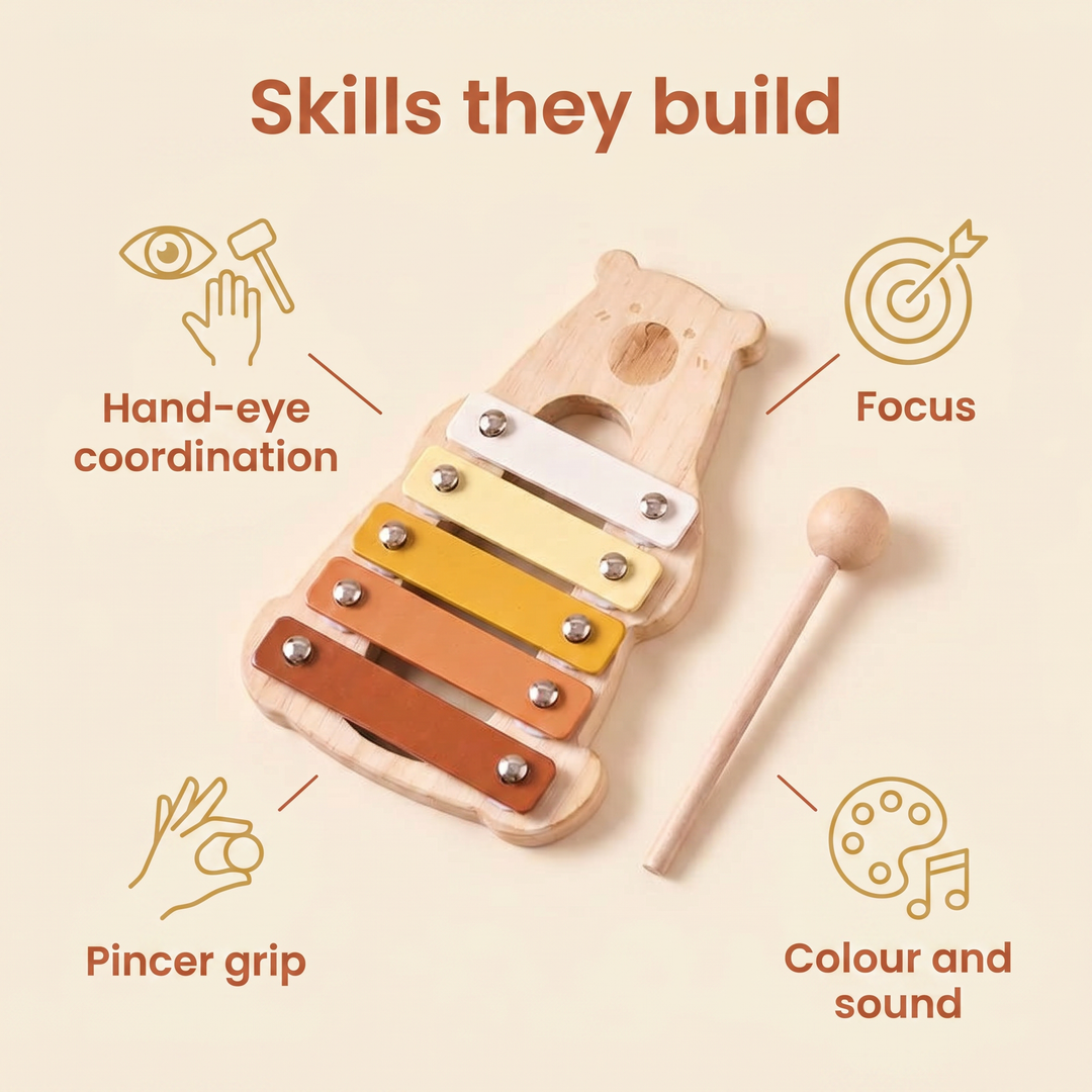 Skills they build - hand-eye coordination, focus, pincer grip, colour and sound
