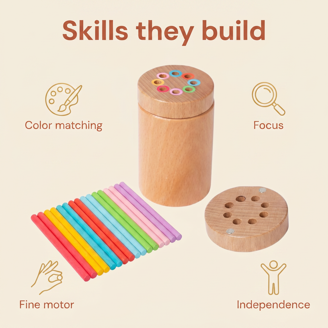 Skills they build - color matching, focus, fine motor, independence