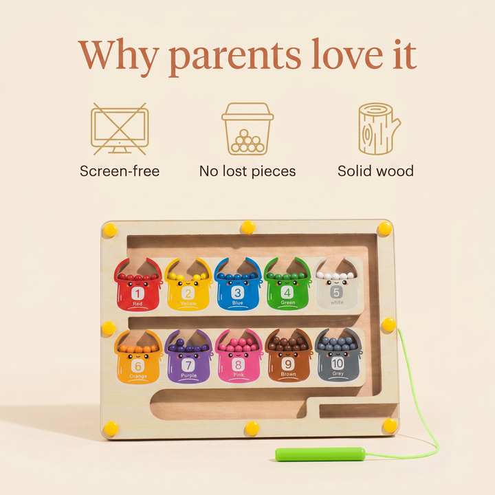 Why parents love it - screen-free, no lost pieces, solid wood