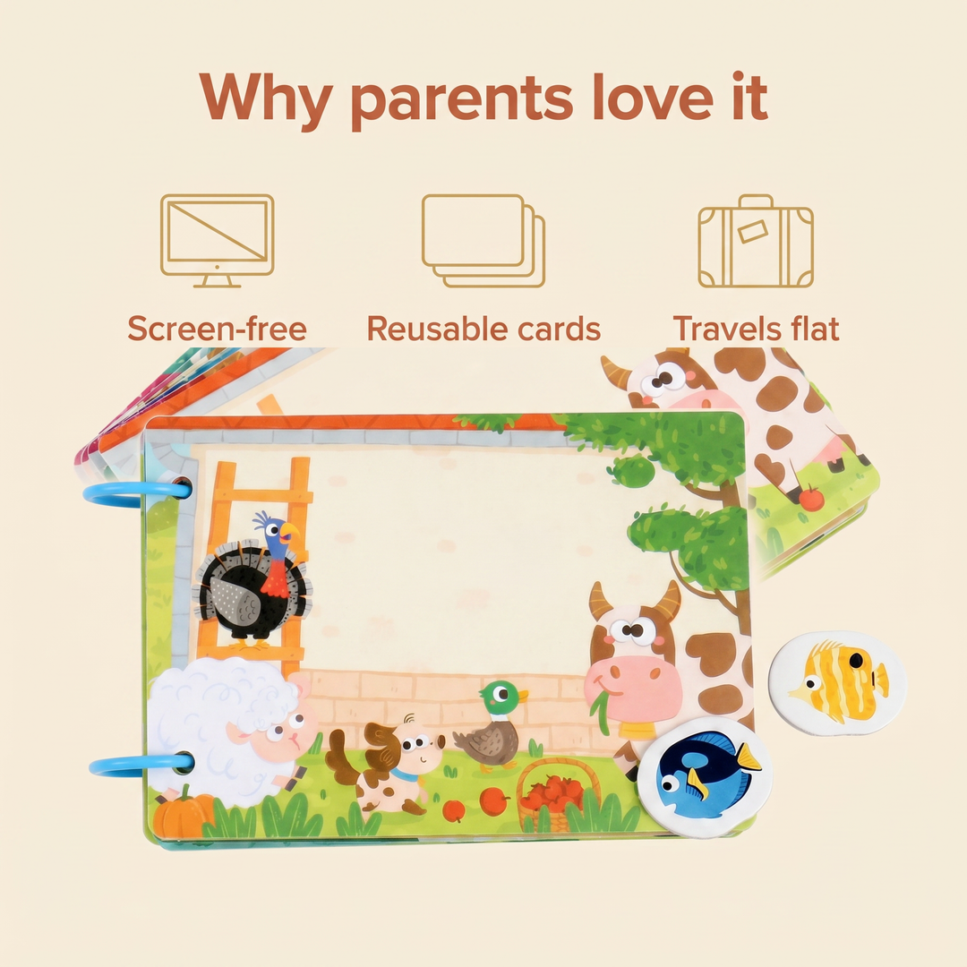 Why parents love it - screen-free, reusable cards, travels flat