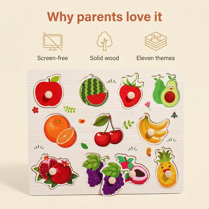Why parents love it - screen-free, solid wood, eleven themes