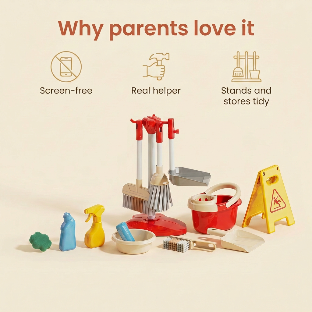 Why parents love it - screen-free, a real helper, stands and stores tidy