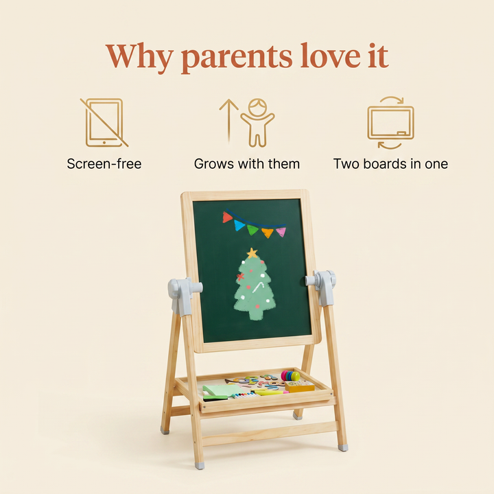 Why parents love it - screen-free, grows with them, two boards in one