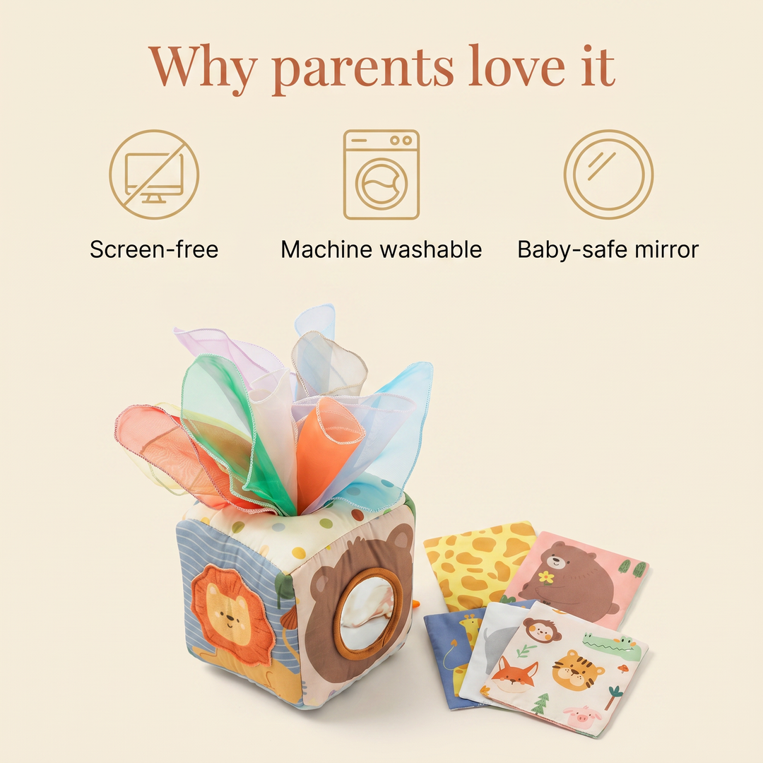 Why parents love it - screen-free, machine washable, baby-safe mirror