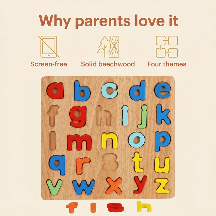 Why parents love it - screen-free, solid beechwood, four themes
