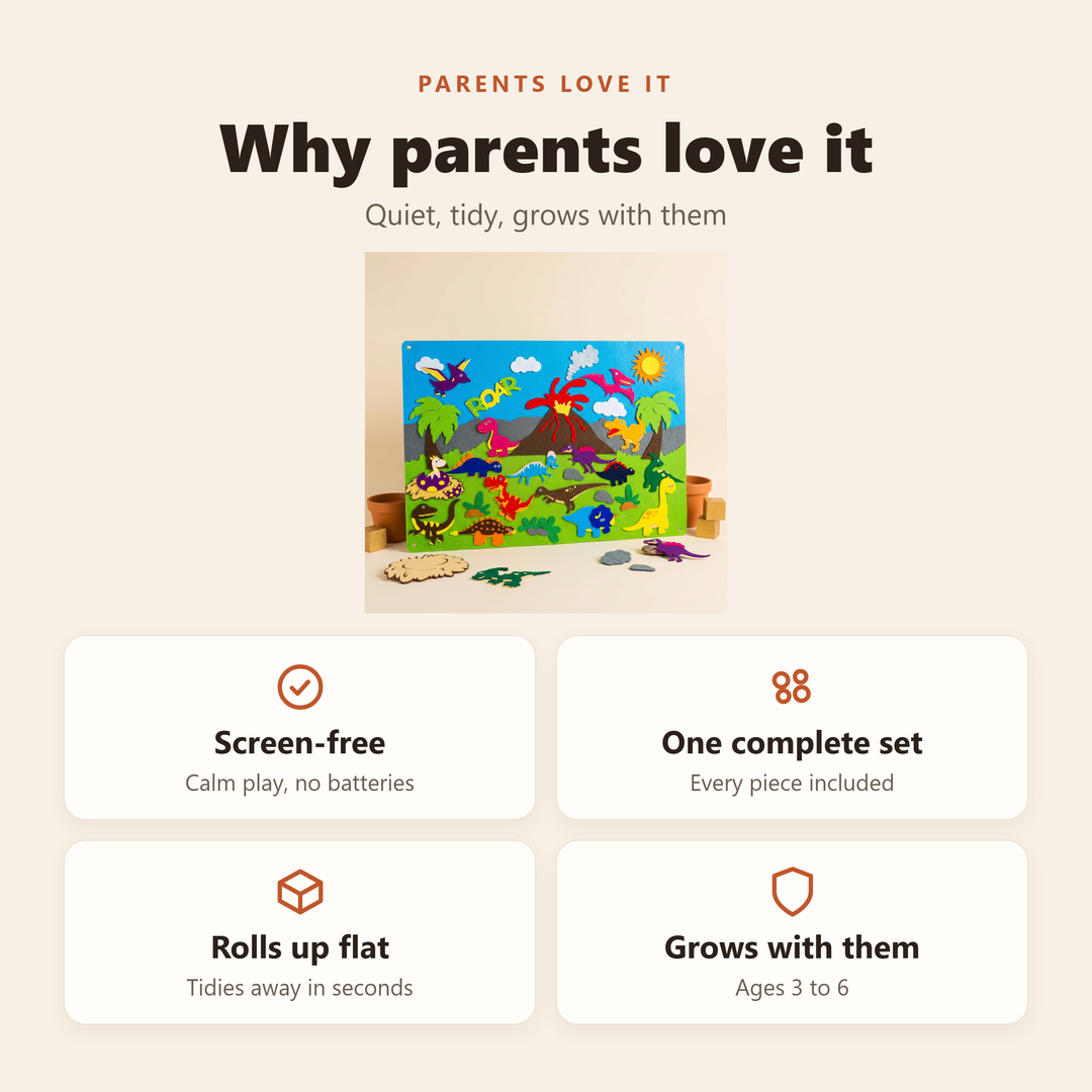 Why parents love it - screen-free, one complete set, rolls up flat, grows with them