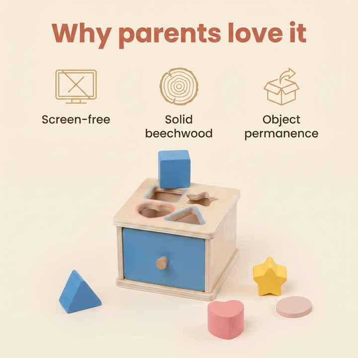 Why parents love it - screen-free, solid beechwood, object permanence