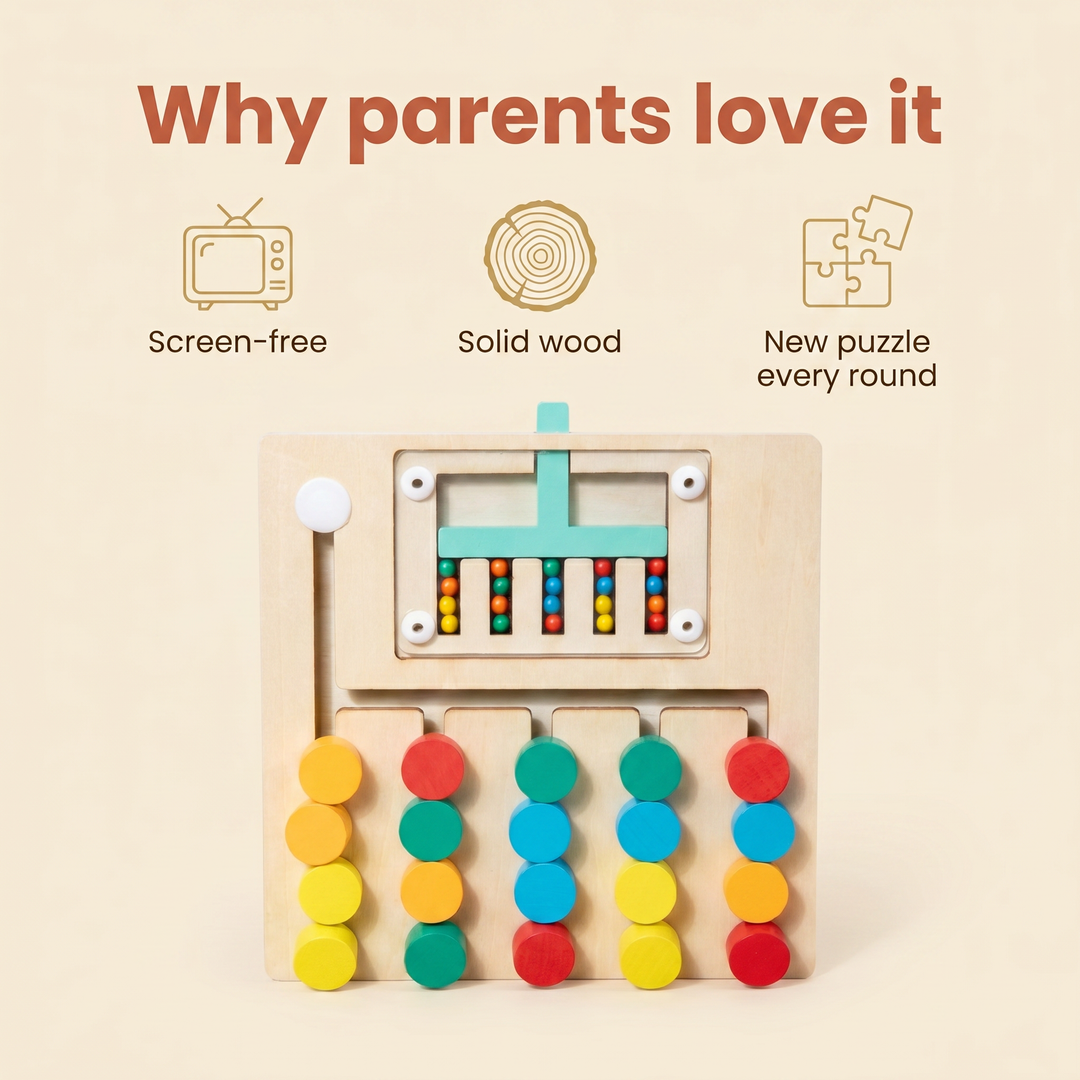 Why parents love it - screen-free, solid wood, a new puzzle every round