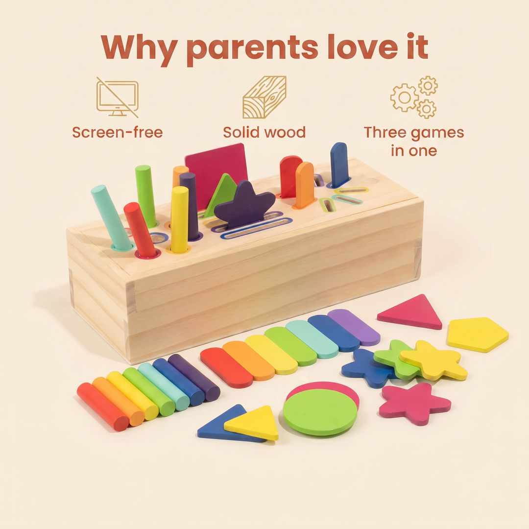 Why parents love it - screen-free, solid wood, three games in one