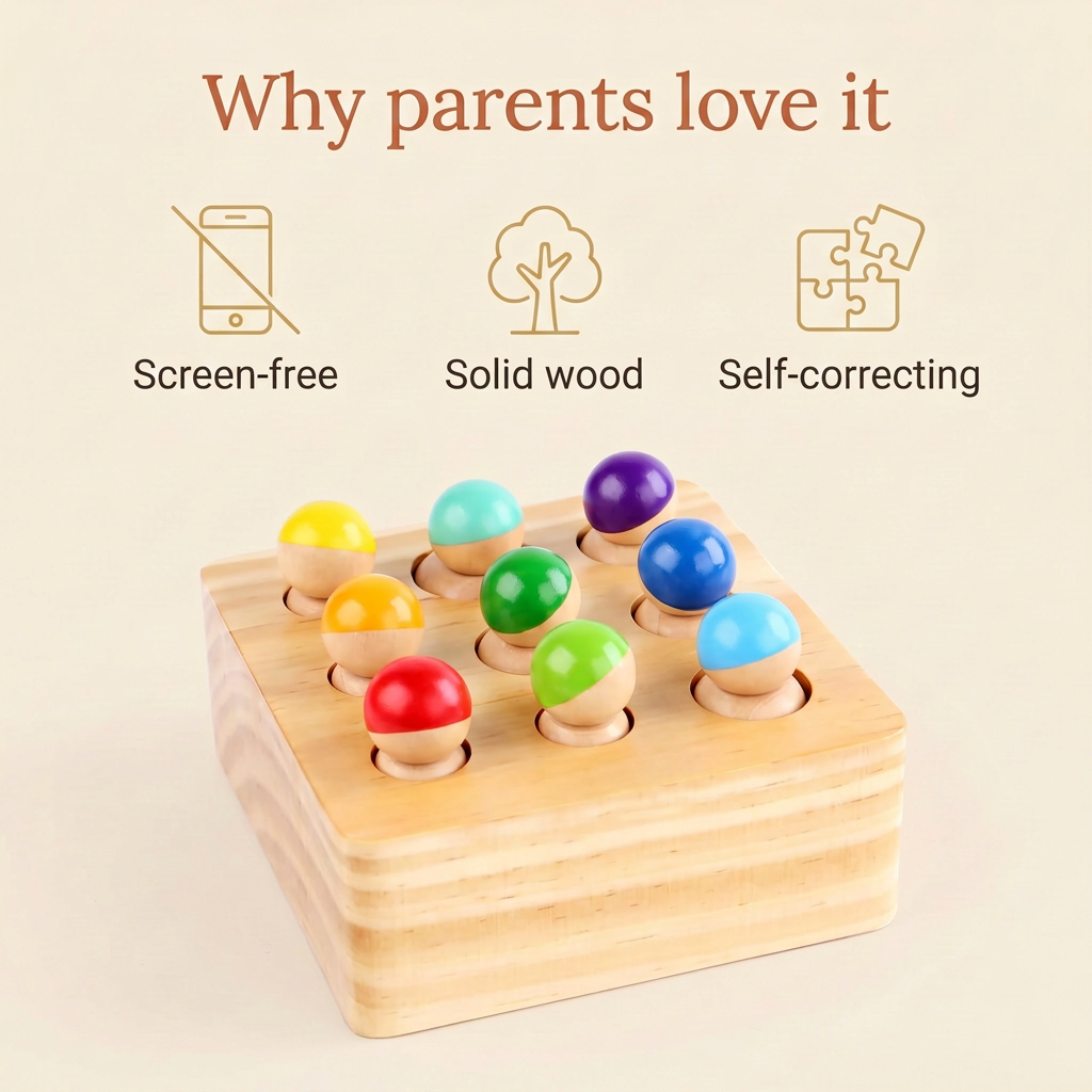 Why parents love it - screen-free, solid wood, self-correcting